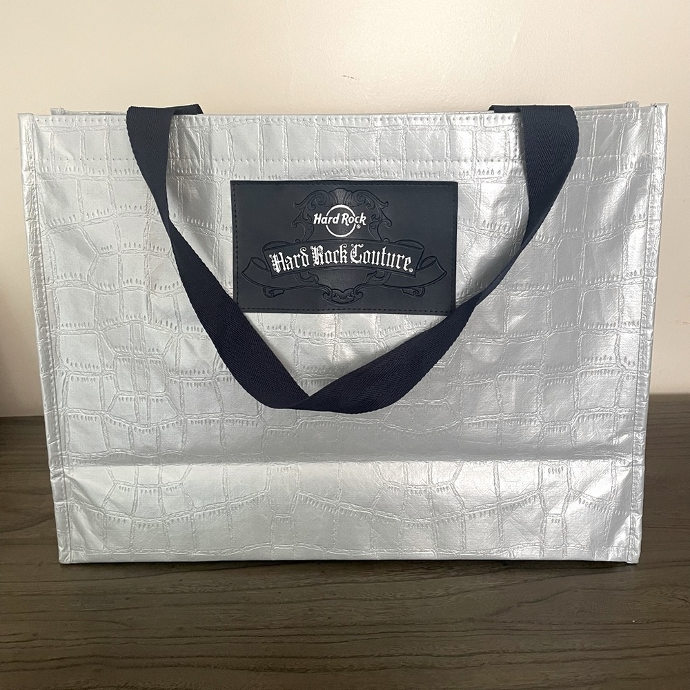 Hard Rock Couture metallic silver and blue tote bag